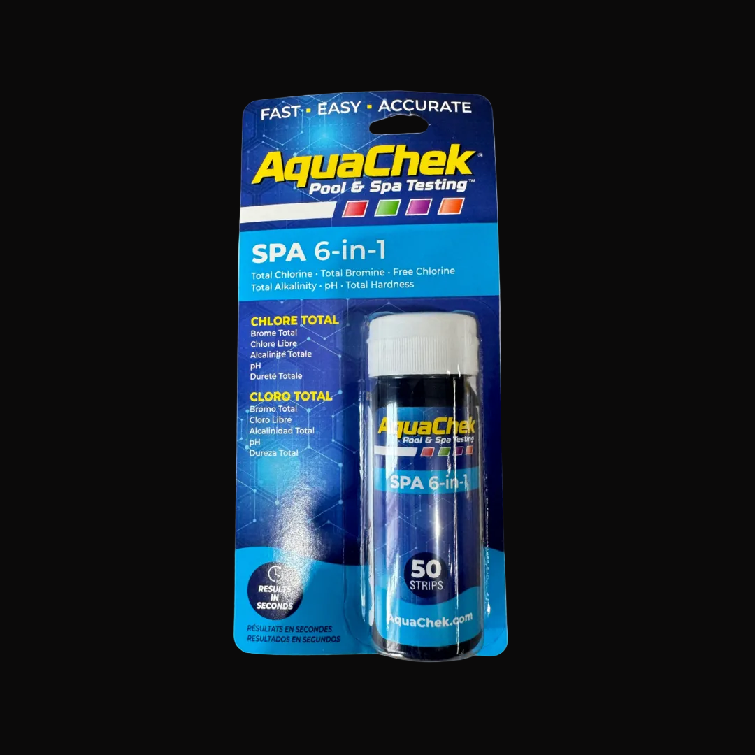 AquaChek Spa 6-in-1 testing strips packaging on a black background