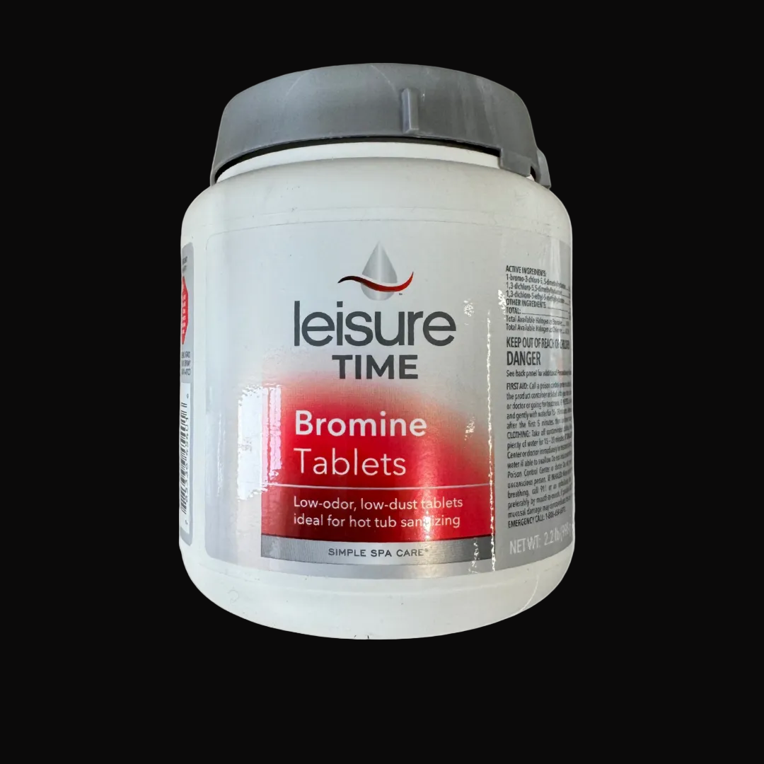 Leisure Time Bromine Tablets container on a black background