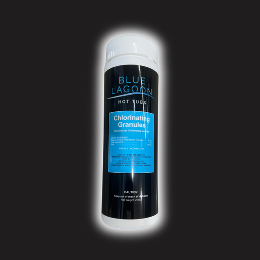Blue Lagoon Hot Tubs Chlorinating Granules packaging on a black background