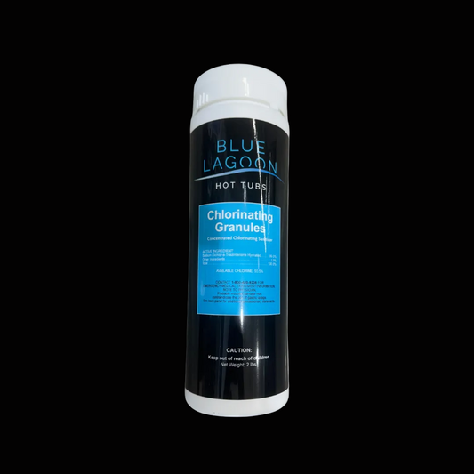 Blue Lagoon Hot Tubs Chlorinating Granules packaging on a black background