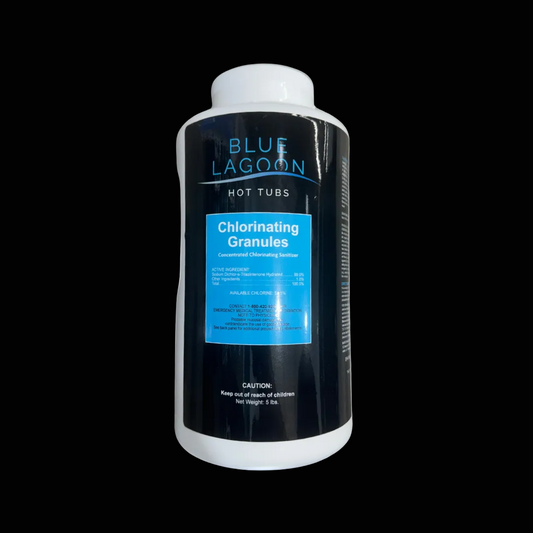 Blue Lagoon Hot Tubs chlorinating granules packaging on a black background