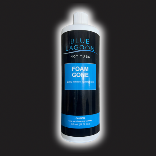 Bottle of Blue Lagoon Foam Gone product on a black background