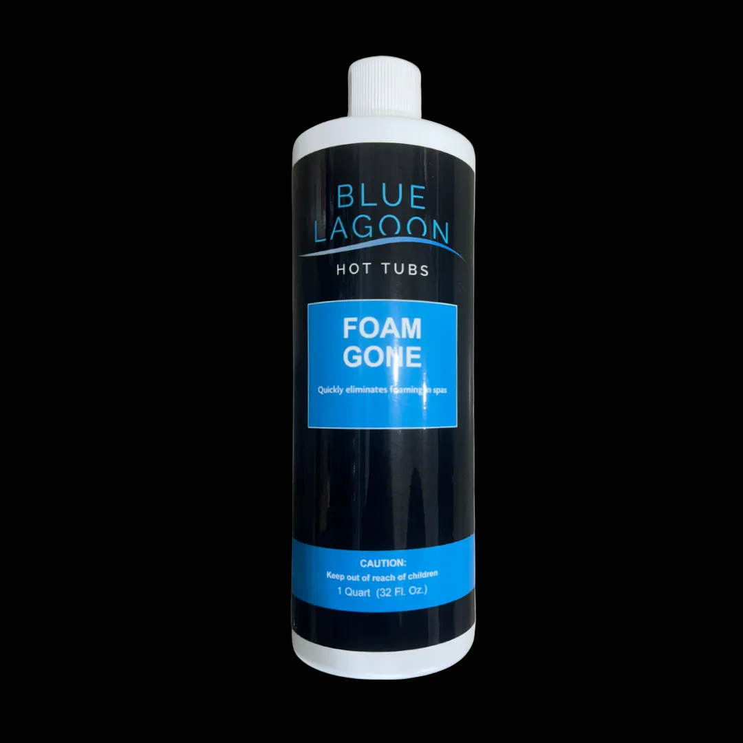 Bottle of Blue Lagoon Foam Gone product on a black background