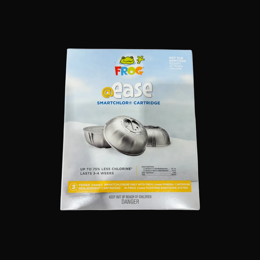 Frog brand pool care product packaging with 'at ease' and 'SmartChlor Cartridge' text on a black background