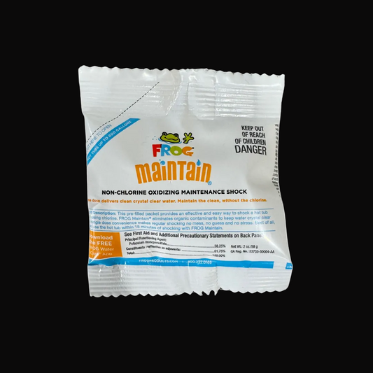 Frog Maintain pool non-chlorine oxidizing maintenance shock packet on a black background