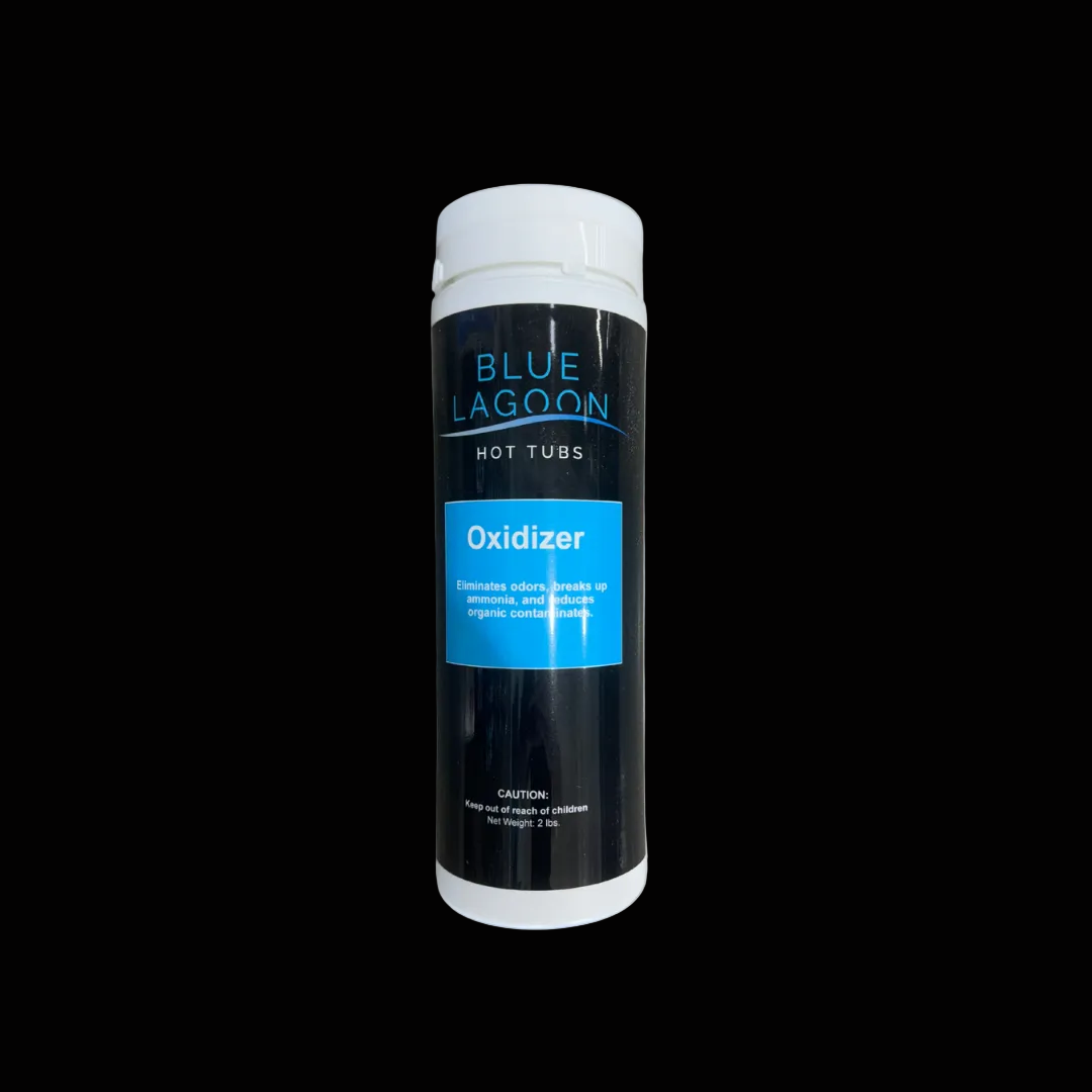Blue Lagoon hot tub oxidizer can on a black background