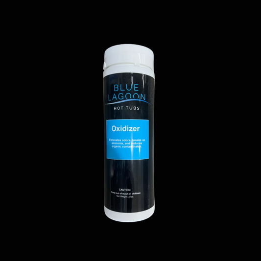 Blue Lagoon hot tub oxidizer can on a black background