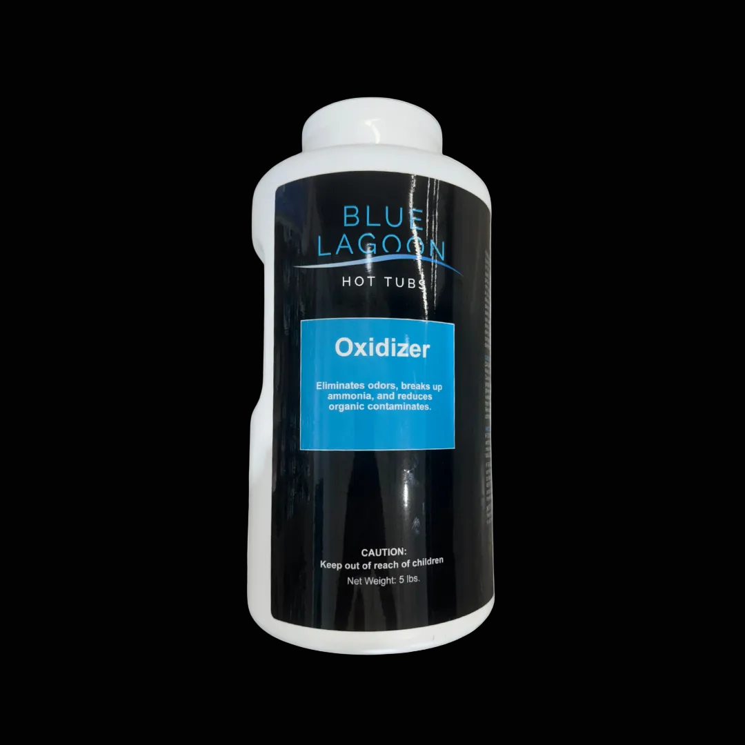 Blue Lagoon hot tub oxidizer bottle on a black background