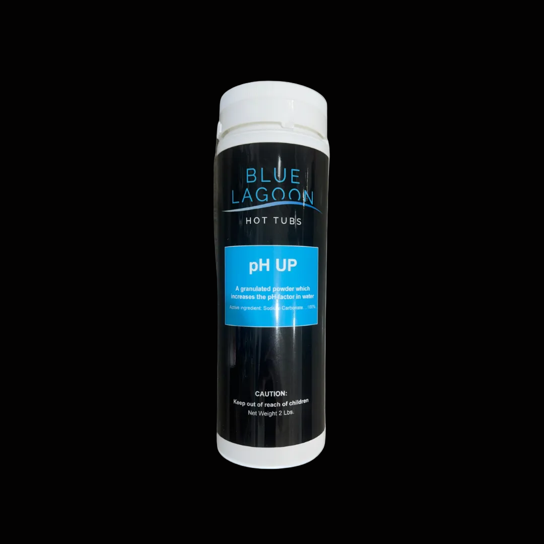 Blue Lagoon pH Up product for hot tubs on a black background