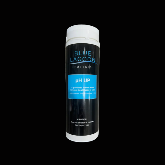 Blue Lagoon pH Up product for hot tubs on a black background
