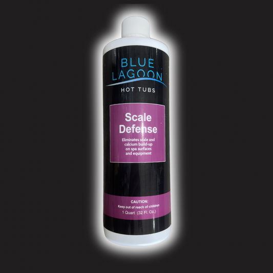 Blue Lagoon Scale Defense product bottle on a black background