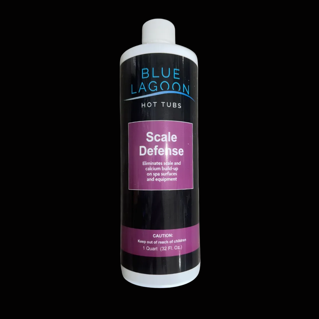 Blue Lagoon Scale Defense product bottle on a black background