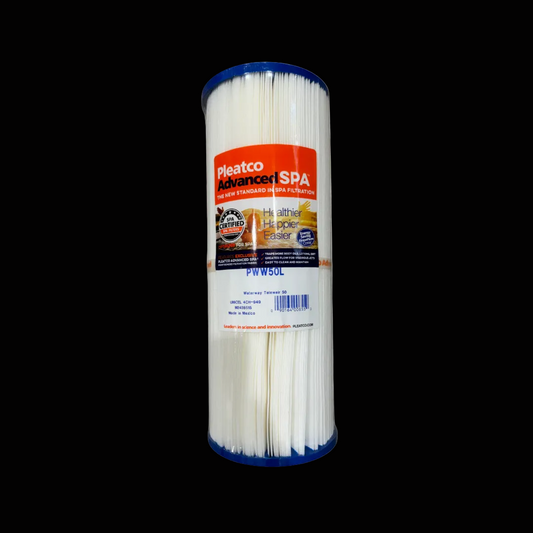 Pleatco filter cartridge with label on a dark background