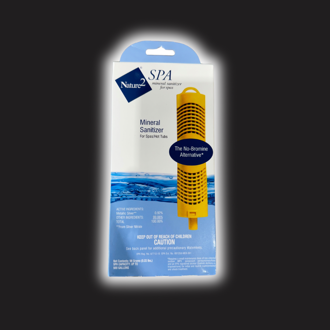 Packaged spa mineral sanitizer on a black background