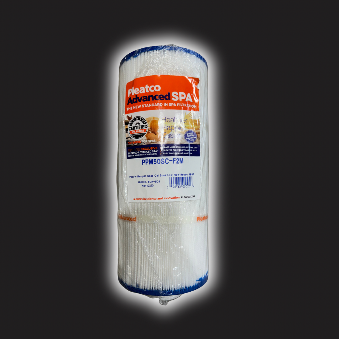 Pleatco Advanced SPA filter cartridge on a black background